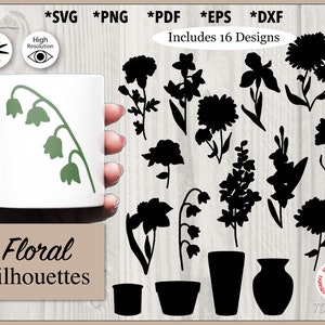 Könnte beinhalten: Ein Set mit 16 schwarzen und weißen floralen Silhouetten-Designs. Die Designs beinhalten Blumen, Blätter und Vasen. Der Text *SVG *PNG *PDF *EPS *DXF Enthält 16 Designs Florale Silhouetten HERGESTELLT IN KANADA GEFERTIGT IN KANADA TO Forafty ist im Bild sichtbar.