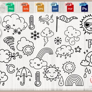 Weer overzicht pictogrammen SVG-bundel, Cloud zeer fijne tekeningen, zonnige digitale download, Rainy Vector Path svg, png, pdf, eps, dxf, psd, jpeg, ai