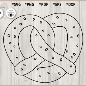 Könnte beinhalten: Schwarze Strichzeichnung einer Brezel mit gepunkteten Details. Das Bild enthält Text: *SVG *PNG *PDF *EPS *DXF, Cut File und High Resolution.