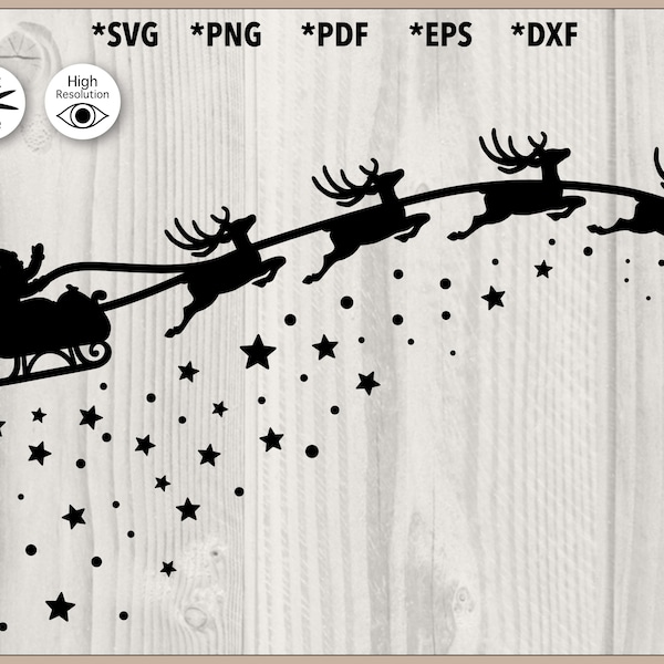 Santa Sleigh Silhouette SVG, Flying Reindeers Cut File, Deer Sledge Stencil Télécharger, svg, png, pdf, dxf, eps