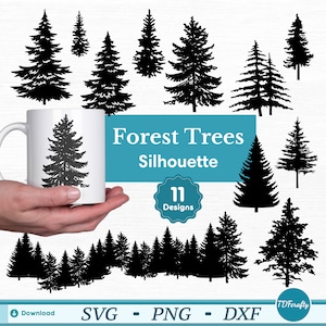 Foresta alberi Silhouette Bundle SVG, Pino PNG, Forme di alberi autunnali stampabili pdf, File di taglio del fogliame dxf, Macchina laser eps