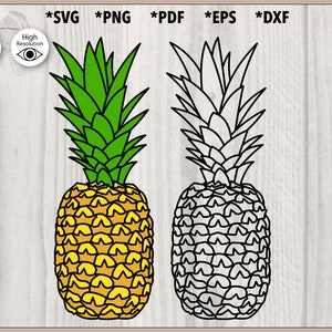 May include: Two pineapple illustrations. One is a full-color pineapple with a yellow body and green crown. The other is a black and white outline of a pineapple. Text at the top reads: *SVG *PNG *PDF *EPS *DXF. Additional text includes "Cut File" and "High Resolution".