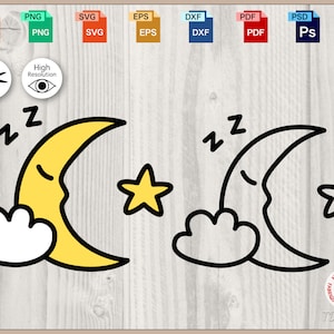 Slapende wassende maan SVG kleur en overzicht ontwerp, Lunar Dreamer nachtelijke hemel pictogram, Midnight Celestial Vector digitale download
