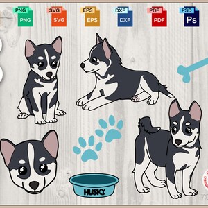 May include: Digital art featuring a collection of husky dog illustrations in various poses, including sitting, lying down, and standing. Includes a bone, paw prints, and a blue bowl with the word "HUSKY".