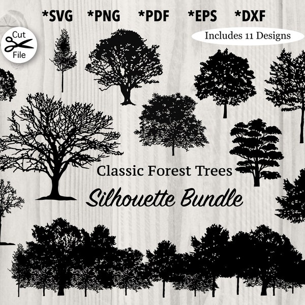 Forest Leafy Trees Silhouette Bundle svg, png, pdf, dxf, eps, Tree Shapes for cutting machines, Autumn Clipart, Fall Printable Design
