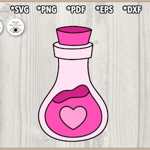 Puede incluir: Una botella de poción rosa con un diseño de corazón. La botella tiene un tapón rosa oscuro y contiene un líquido rosa con forma de corazón. La imagen incluye texto: *SVG *PNG *PDF *EPS *DXF, Cut File, High Resolution.