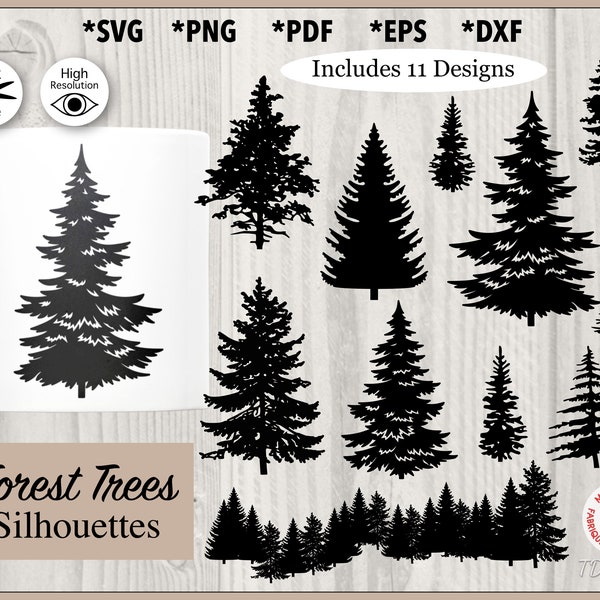 Forest Trees Silhouette Bundle svg, Pine Tree png, Printable Autumn Tree Shapes pdf, Foliage Cutting File dxf, eps