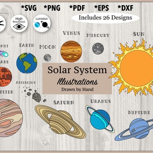 Illustrations réalistes du système solaire, planètes dans l'espace avec des dessins de lune et d'astéroïdes, jeu de couleurs d'impression du monde de la comète svg, png, pdf, dxf, eps