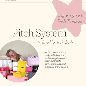 May include: A digital document titled Pitch System to land brand deals, featuring a pink star graphic with the text + BONUS DM Pitch Template. A circular inset shows a person behind a collection of colorful shipping boxes and packages.