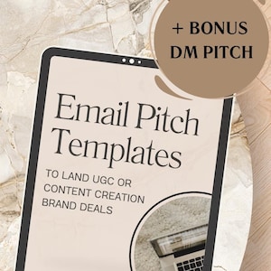 May include: A tablet screen displaying the text "Email Pitch Templates" with the subheading "To land UGC or content creation brand deals". The tablet is on a marble surface with a laptop in the background.