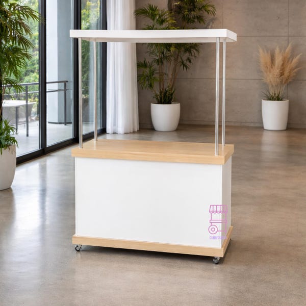 Zusammenklappbarer Mobiler Barwagen: Weißer PVC & Holz Verkaufsstand