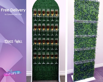 Arched Greenery champagne wall | Grass drink Wall | Wedding decorations | Clear shelf glass holder | treat wall