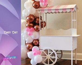 Candy Cart on Wheels. With Pink and Blue Roofs, Vendor Stand Decoration for Birthday Parties and Weddings