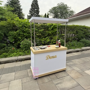 White Collapsible Mobile Bar - Food Cart with Locking Wheels – PVC & Wood Vendor Stand, Party Cart, Charcuterie Bar, Trade Show Counter