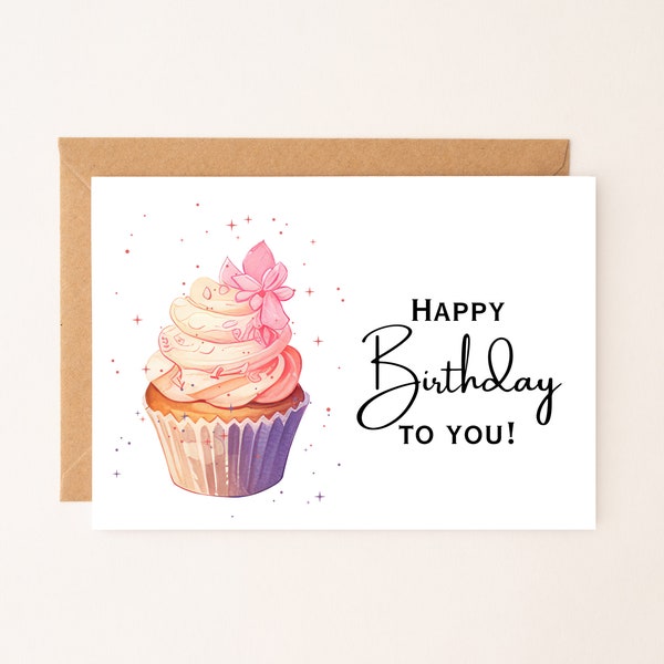 Happy Birthday Card, DIGITAL Download, Printable Birthday Card Featuring Cupcake, Colorful Happy Birthday Card, PDF, 7x10, Foldable Card