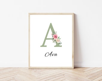 Custom Floral Initial, Printable Name Poster, Personalized Name, Nursery Wall Art, Baby Nursery, Wall Decor, Featuring Ava, 8x10