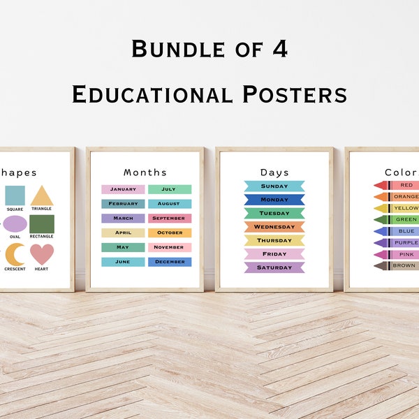 Bundle of 4 Educational Posters, Printable Classroom Decor, Homeschool Prints, Toddler Room Decor, 8x10 Printables