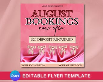 August Booking Flyer Template, Editable Canva Social Media Post (Digital Download)