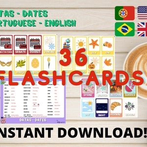 Portugais - Anglais DATES flashcards | 36 cartes (jours de la semaine, mois, saisons, année...)