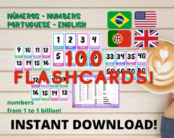 Portugués - Inglés Tarjetas didácticas NÚMEROS / Números 1 - 1 mil millones / 51 tarjetas + índice Números 0 - 1 mil millones