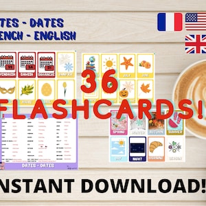 フランス語 - 英語の日付フラッシュカード | 36 枚のカード (曜日、月、季節、年など)