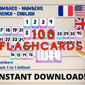 フランス語 - 英語 数字フラッシュカード | 1 から 10 億までの数字 | 51 枚のカード + 目次 0 から 10 億までの数字