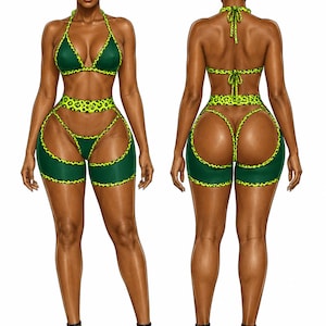 May include: A two-piece set consisting of a dark green halter bikini top and matching shorts with cut-out details. The garment features a vibrant neon yellow and black leopard print trim along the edges, straps, and waistband.