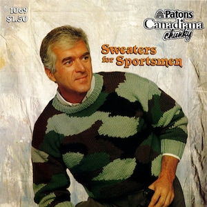 May include: A man wearing a camouflage-patterned sweater. The sweater features shades of green and brown. The text "Sweaters for Sportsmen" is visible. The image also includes the text "Camouflage Version".
