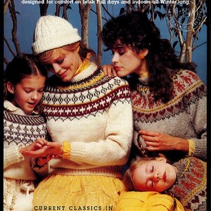 May include: An advertisement featuring four people wearing Lopi sweaters and hats. The sweaters have a traditional Icelandic pattern in cream, burgundy, and gold. The text reads "Lopi Reynolds Light" and "Current Classics".