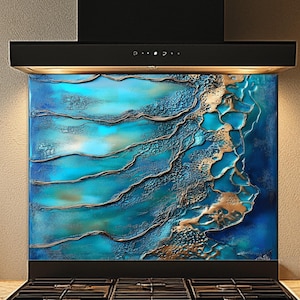 Ocean Tides Tempered Glass Backsplash: Copper Turquoise Kitchen Decor