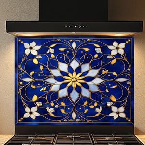 Royal Blue Floral Tempered Glass Kitchen Backsplash