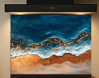 Coastal Waves Tempered Glass Kitchen Backsplash: Beach Ocean Design