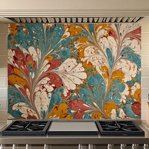 Tempered Glass Backsplash : Turkish Ebru Marble Art Pattern