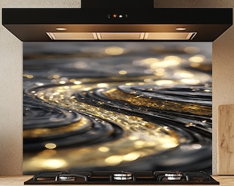 Zwartgouden glazen achterwand, abstract keukenpaneel van vloeibaar metaal, modern gehard muurdecor