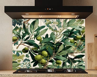 Salpicadero de vidrio templado: diseño de azulejos de olivo mediterráneo