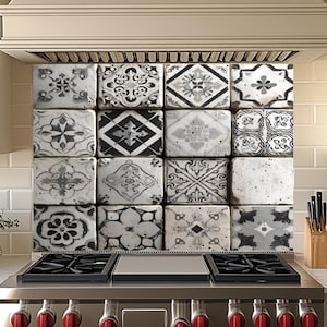 Vintage Tile Glass Backsplash, Farmhouse Kitchen Wall Decor, Black White Mediterranean Pattern
