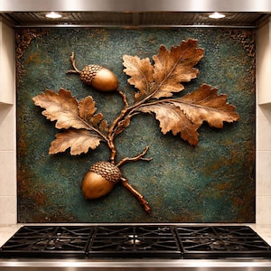 Rustic Oak Branch Tempered Glass Backsplash - Vintage Copper Kitchen