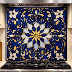 Royal Blue Floral Tempered Glass Kitchen Backsplash