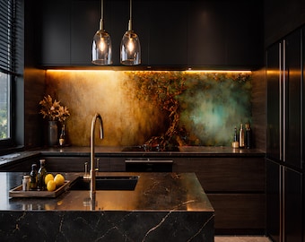 Protector contra salpicaduras de vidrio templado, árbol abstracto dorado y esmeralda, decoración moderna para paredes de cocina, panel resistente al calor.