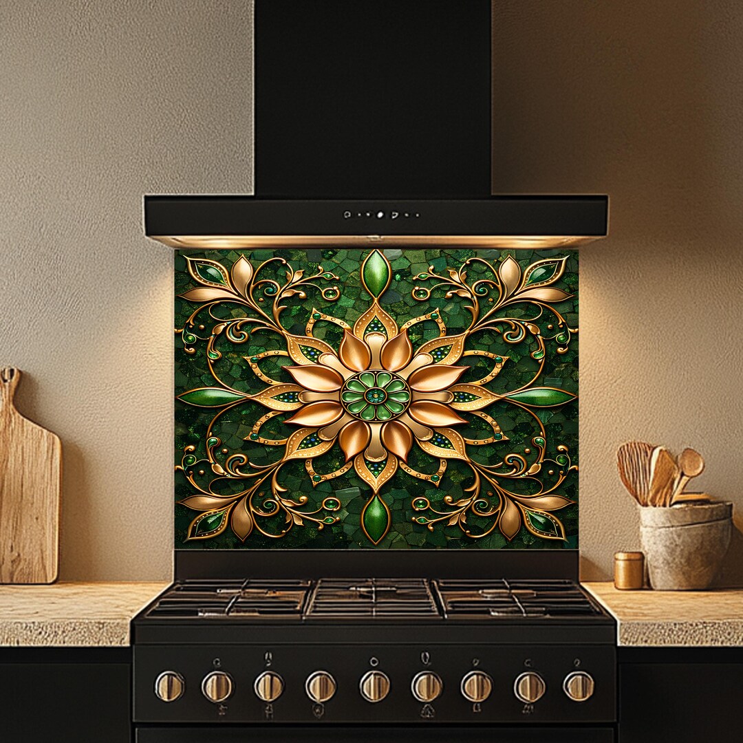 Emerald Green Floral Tempered Glass Backsplash: Luxury Green Kitchen ...