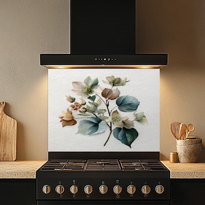 Metallic Copper Lily Tempered Glass Kitchen Backsplash