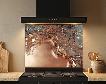 Copper Flow Tempered Glass Kitchen Backsplash: Metallic Design
