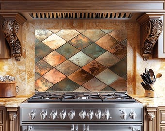 Copper Diamond Tempered Glass Backsplash: Rustic Kitchen Stove Panel