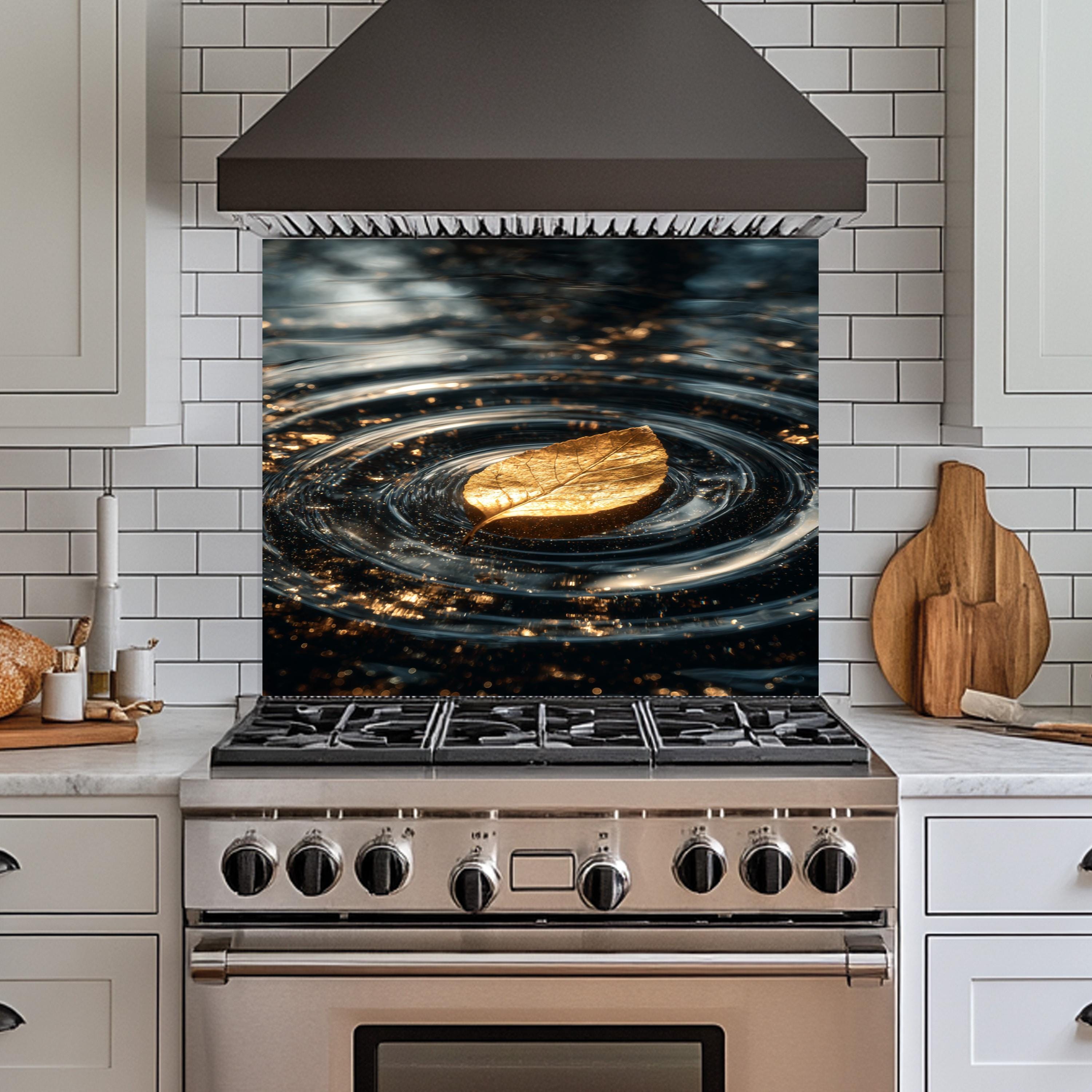 Kitchen Ripple Glass Kitchen Backsplash, Golden Leaf Water Ripple, Abstract Nature ...