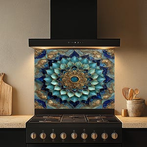 Turquoise & Gold Floral Glass Backsplash - Luxury Kitchen Decor