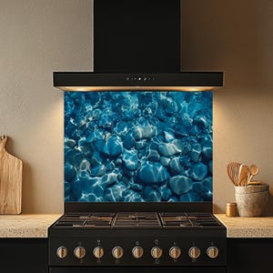 Tempered Glass Backsplash, UnderwaterStones Glass Backsplash, Kitchen Backsplash Behind Stove, Glass Backsplash for Kitchen,Stove Backsplash