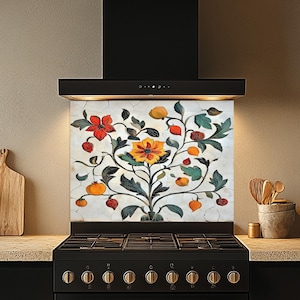 Tempered Glass Backsplash, Romantic Botanical Glass Backsplash,Kitchen Backsplash Behind Stove,Glass Backsplash for Kitchen,Stove Backsplash