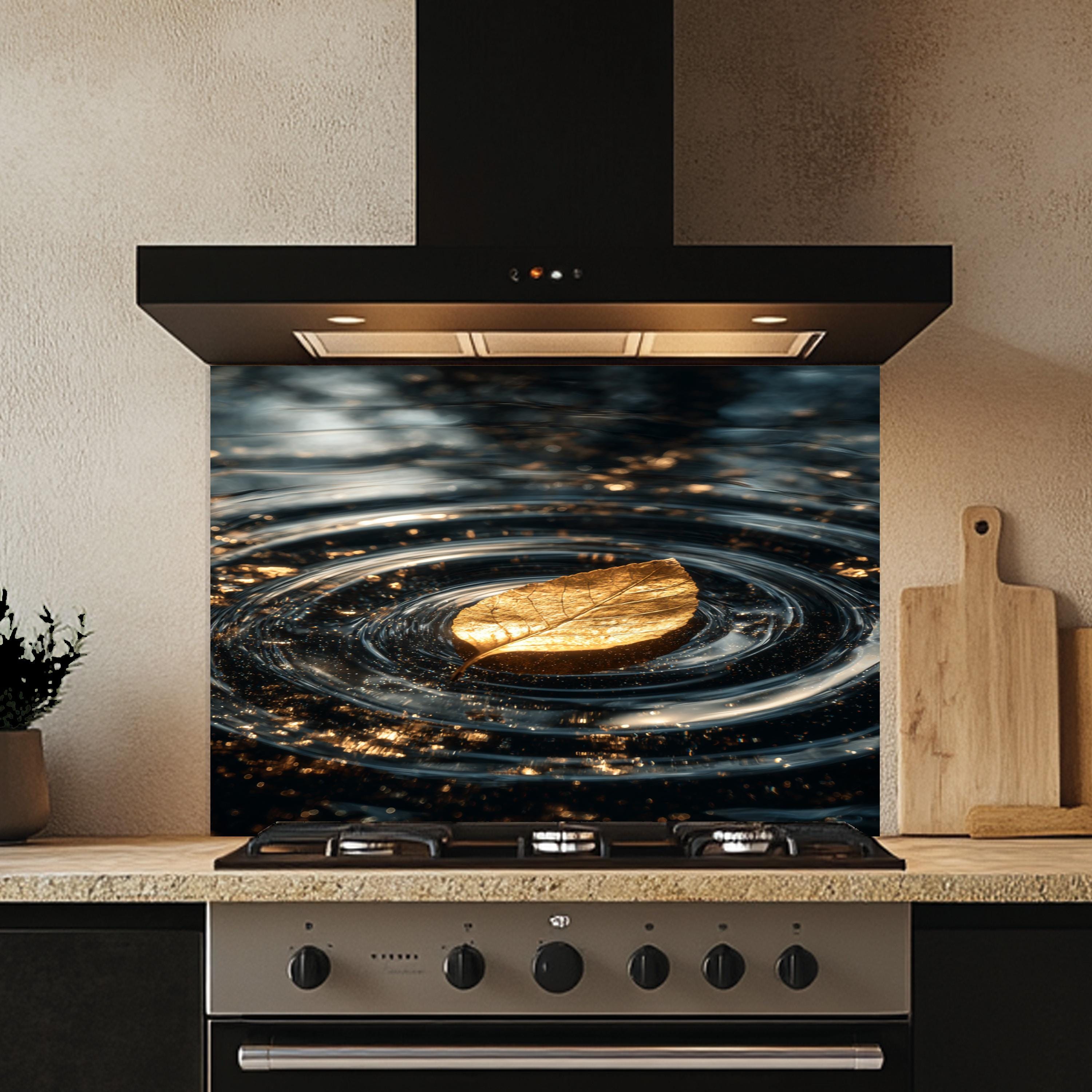 Kitchen Ripple Glass Kitchen Backsplash, Golden Leaf Water Ripple, Abstract Nature ...