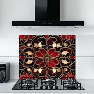 Crimson Gold Bloom Tempered Glass Kitchen Backsplash