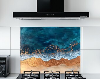 Coastal Waves Tempered Glass Kitchen Backsplash - Beach Ocean Design